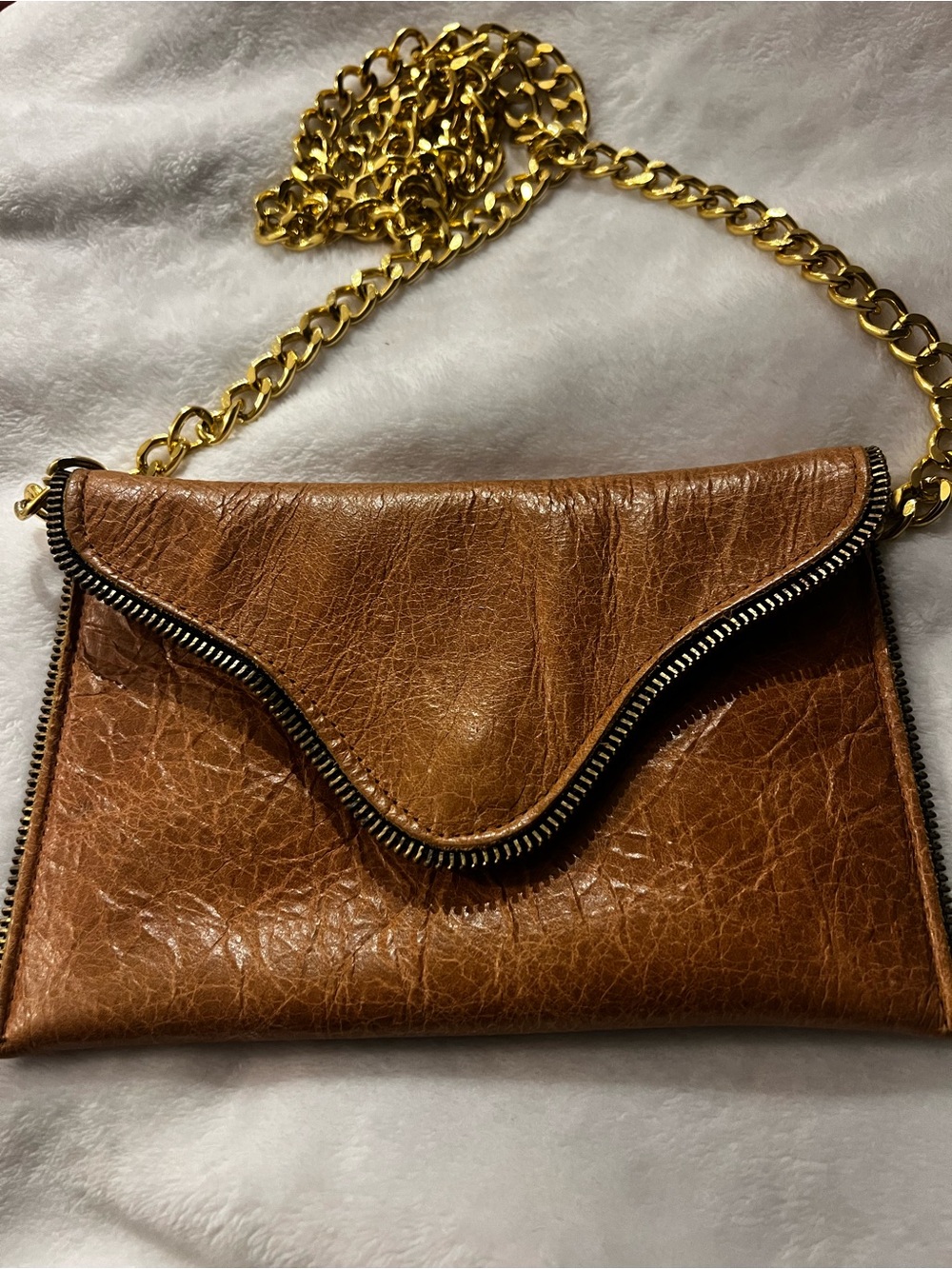 JJ Winters Brown Leather Clutch with Gold Chain Strap